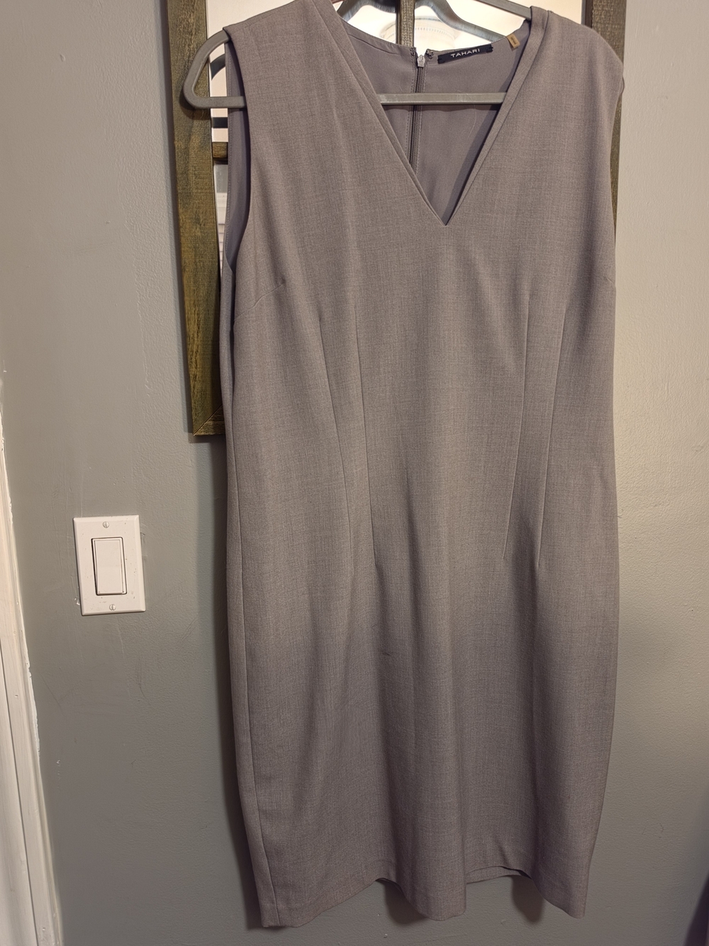 Tahari Gray Sleeveless V-Neck Work Dress